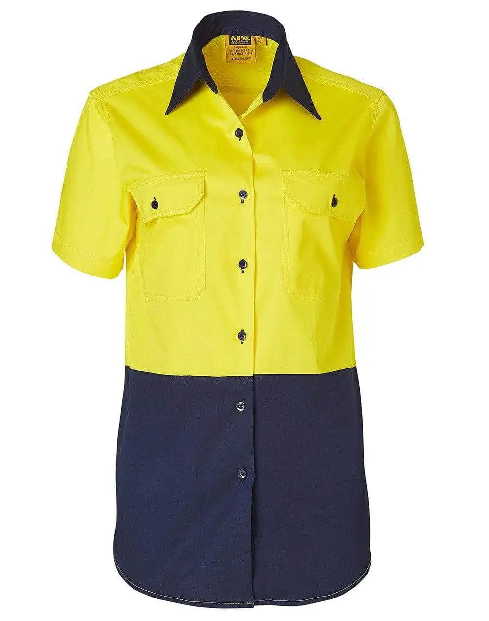 Women's Short Sleeve Safety Shirt SW63 Work Wear Australian Industrial Wear 8 Fluoro Yellow/Navy